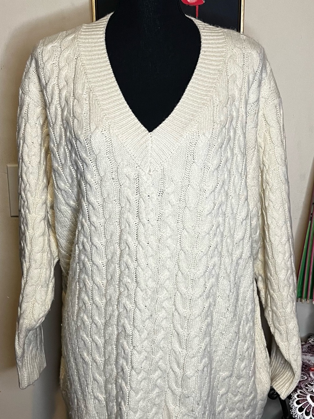 Classic Cable Knit V-Neck Tunic- Cream